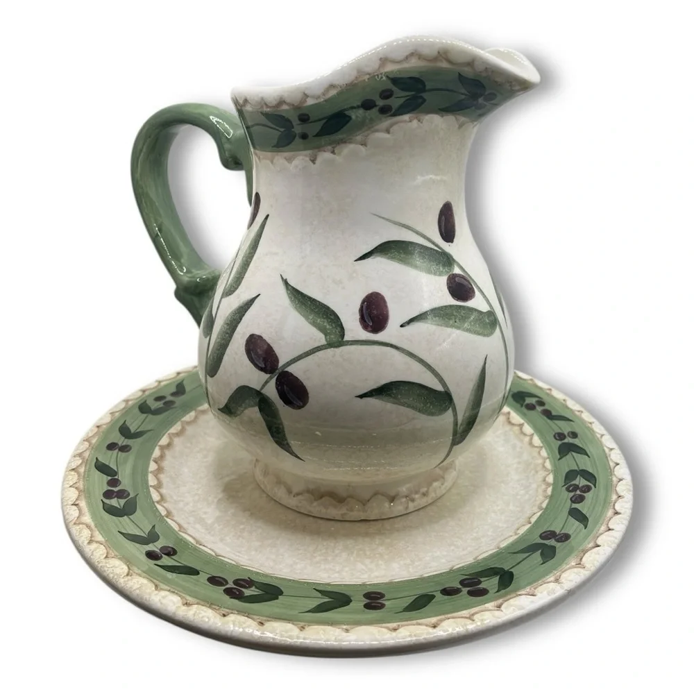 Oliveto by Oneida Vintage Stoneware Hand painted Pitcher & 11” Platter/Plate
